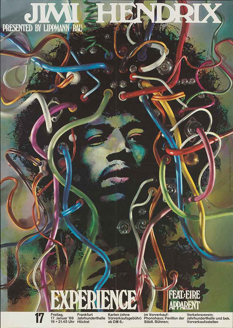 Vintage poster featuring an illustration of Jimi Hendrix with amp connectors sticking out of his afro.
